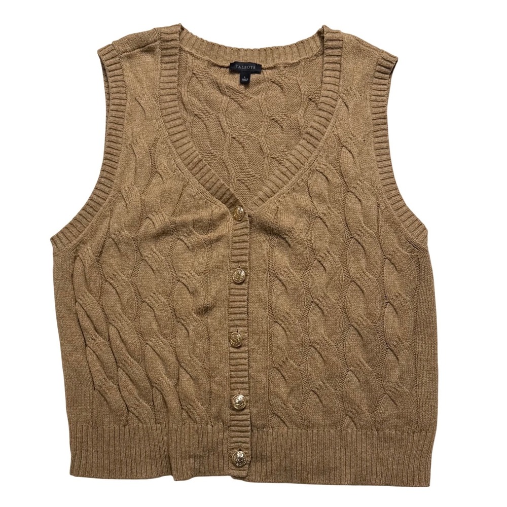 Talbots Womens Camel Tan Cable Knit V-Neck Sweater Vest Gold Crest Buttons L
